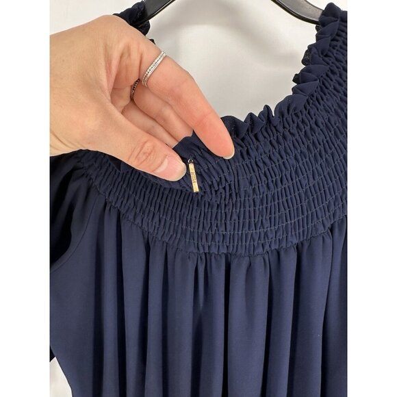 Misa Los Angeles Navy Smocked Cottage Gore Pom Midi Dress Women’s XS Read - Picture 10 of 11